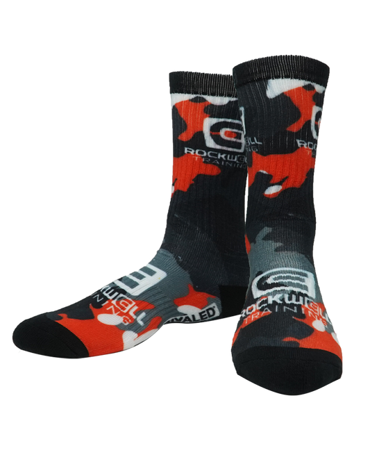 Rockwell Training Camo Socks. rockwell stacked logo on top and on foot