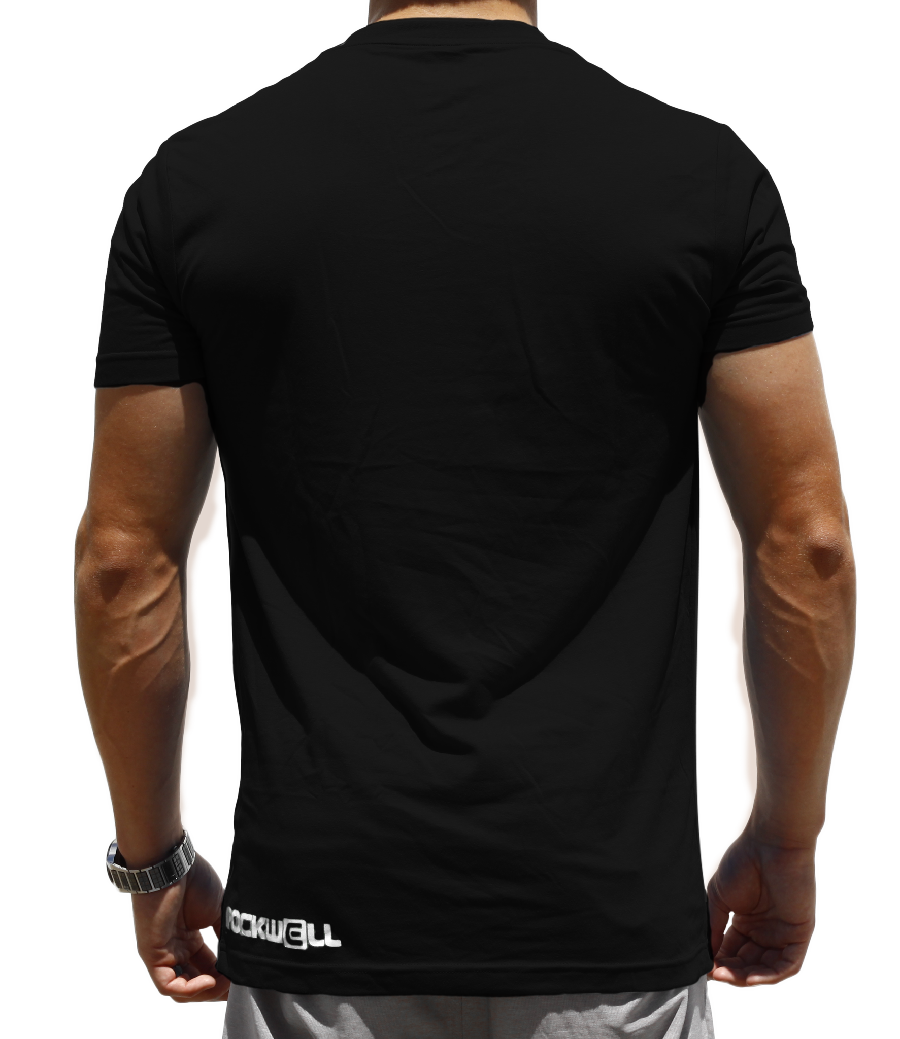Man wearing Men's black Boss V-Neck. Rockwell logo on the bottom left