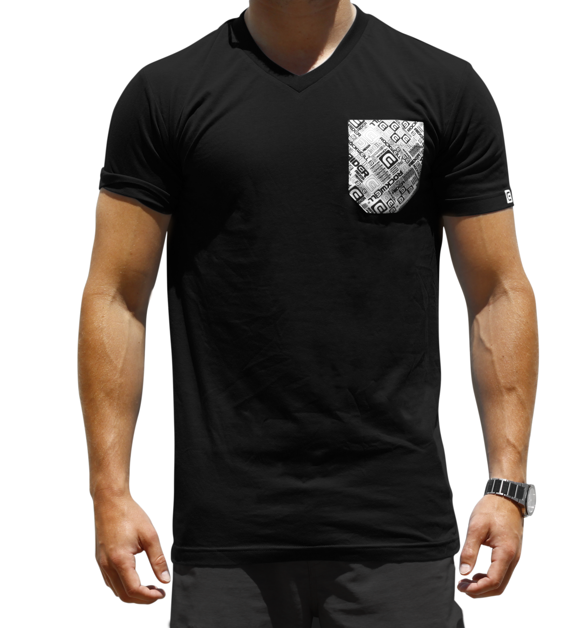 Man wearing Men's black Boss V-Neck with white chest pocket with Rockwell logo on it