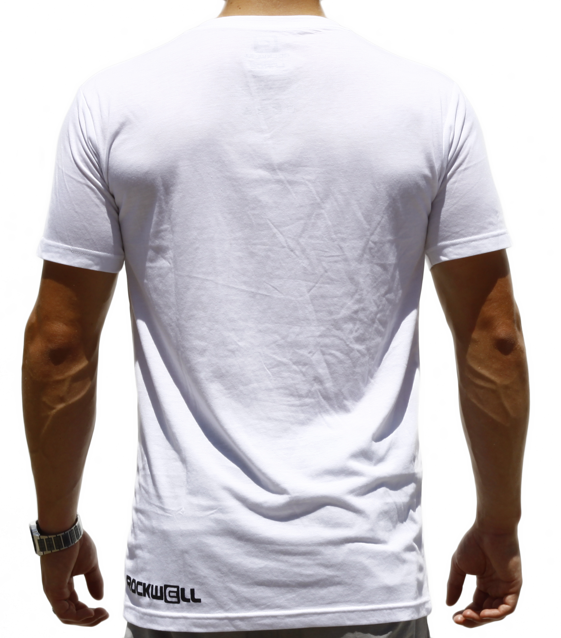 back of Boss v neck with Rockwell logo on the back left 