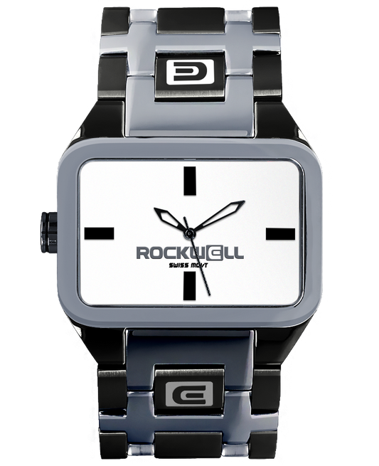silver and black duel time analog watch with white dial