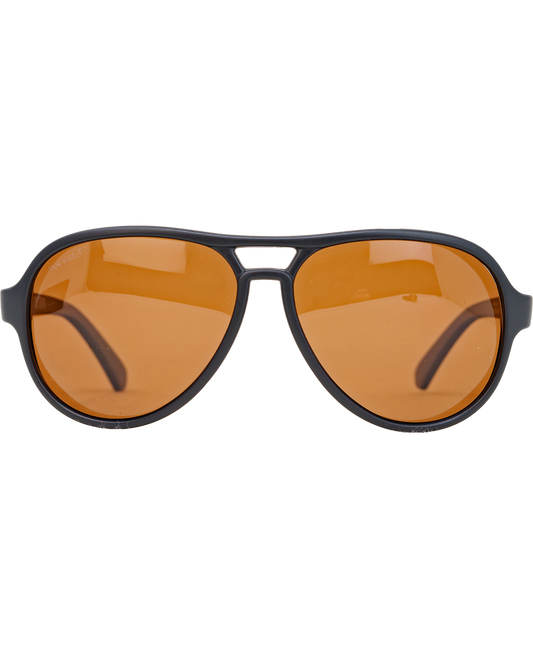 Aviator sunglasses with orange lenses on a white background