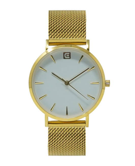 gold voyager analog watch with white dial