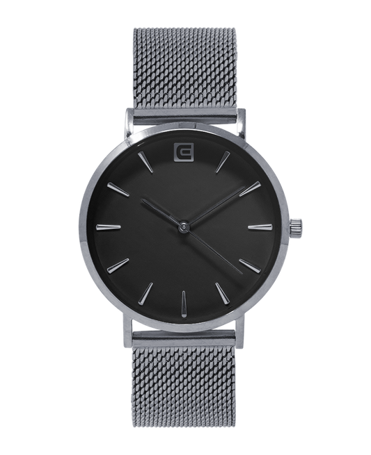 silver voyager analog watch with black dial