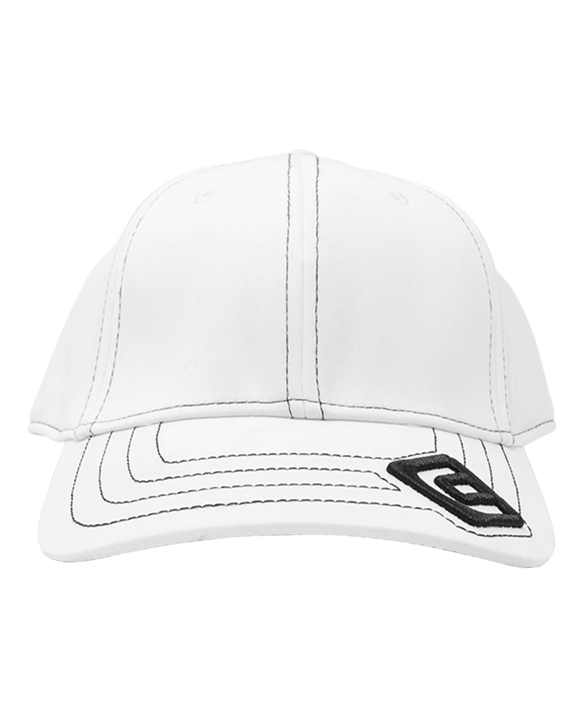 front of white golf hat with rockwell e logo on the bill