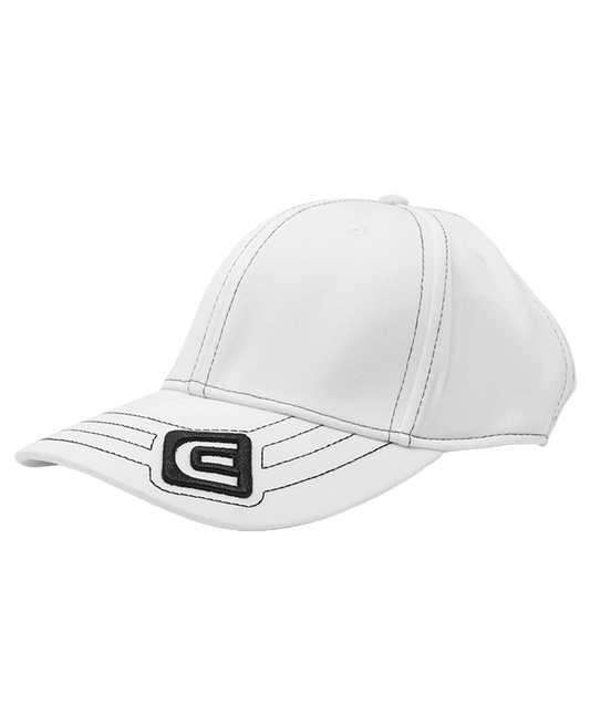 white golf hat with rockwell e logo on the bill