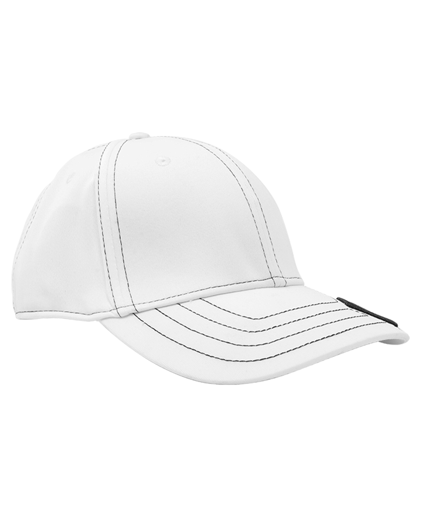 white golf hat with rockwell e logo on the bill
