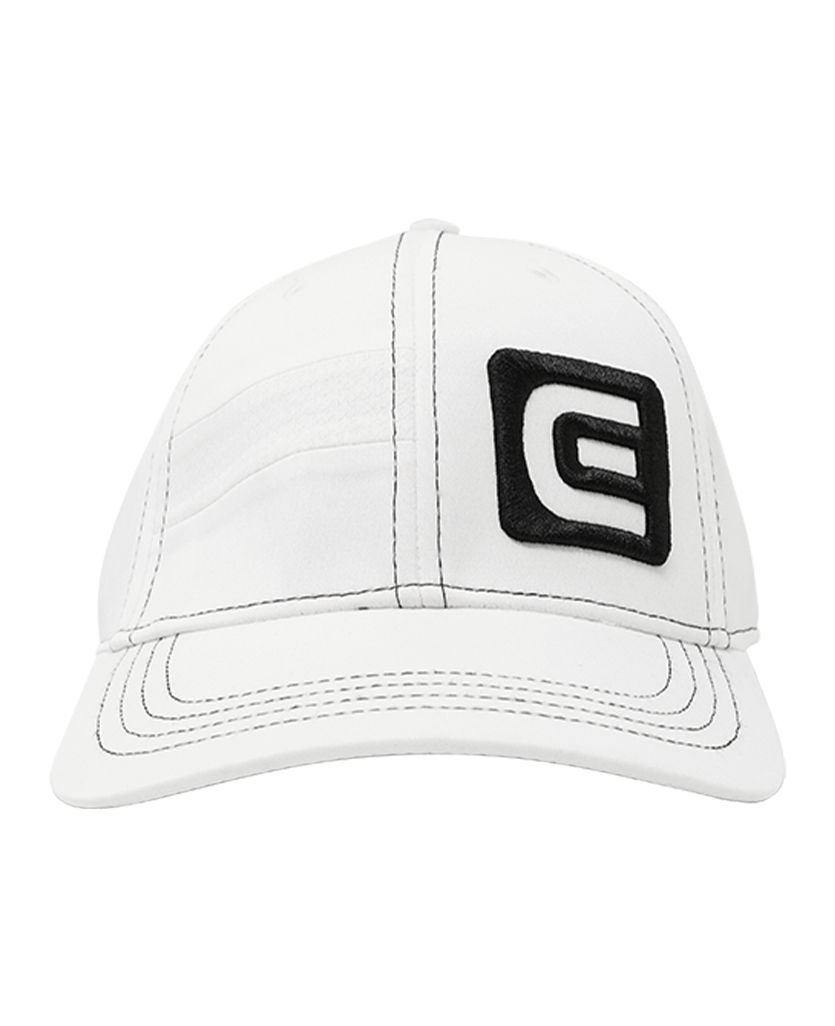 front of white golf hat with rockwell e logo on