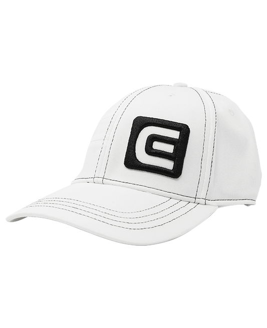 white golf hat with rockwell e logo 